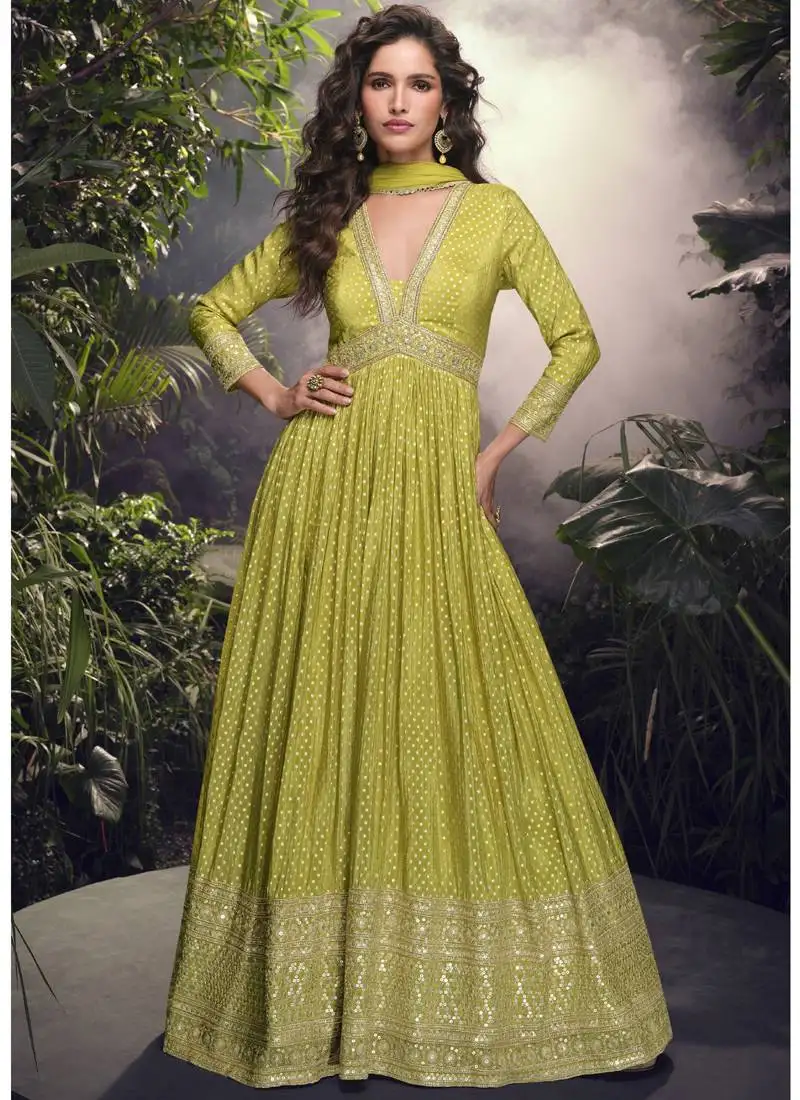 Lime yellow viscose jaquard silk embroidered anarkali suit stitched