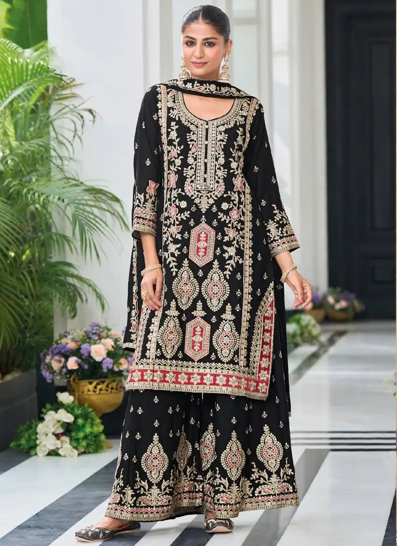 Black chinon silk embroidered designer palazzo suit stitched