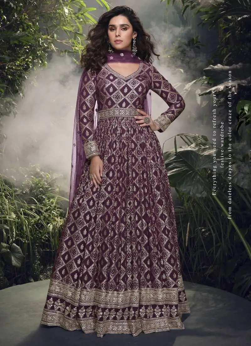 Wine viscose jaquard silk embroidered anarkali suit stitched