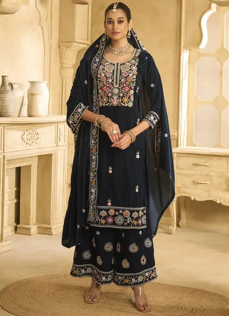 Navy blue velvet embroidered palazzo suit semi stitched