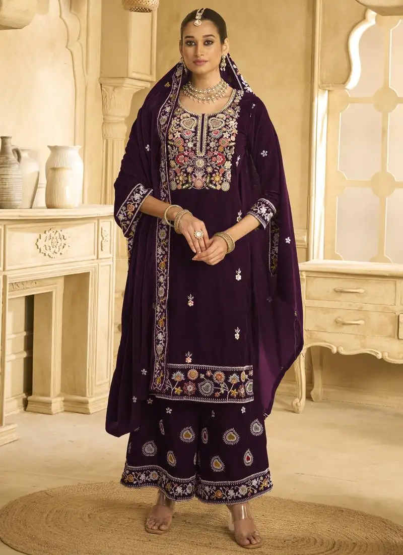 Wine velvet embroidered palazzo suit semi stitched