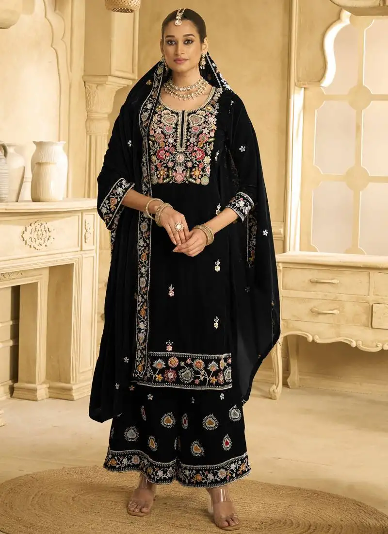 Black velvet embroidered palazzo suit semi stitched