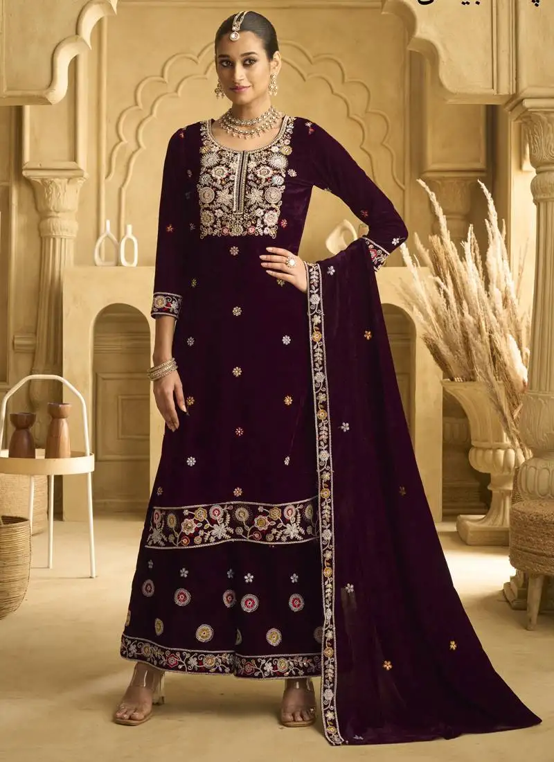 Violet velvet embroidered palazzo suit semi stitched