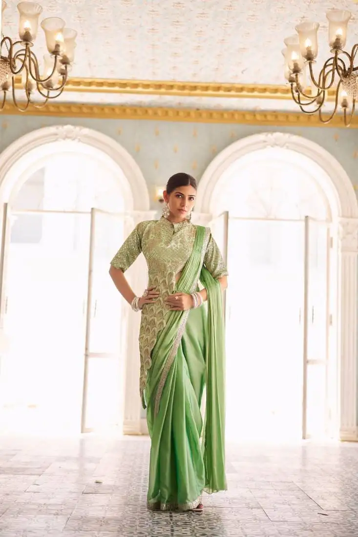 Green embroidered chinnon silk ready to wear saree with stitched blouse