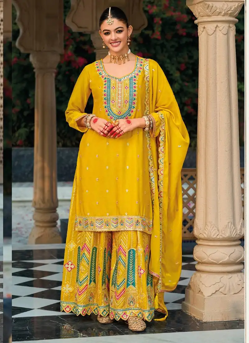 Yellow chinon silk embroidered designer palazzo suit stitched