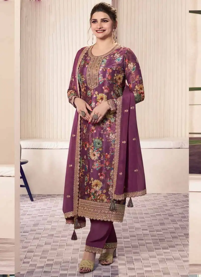 Onion pink chinon silk digital print salwar suit semi stitched