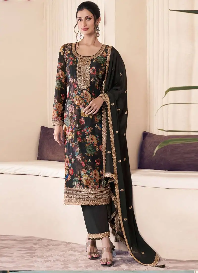 Black chinon silk digital print salwar suit semi stitched
