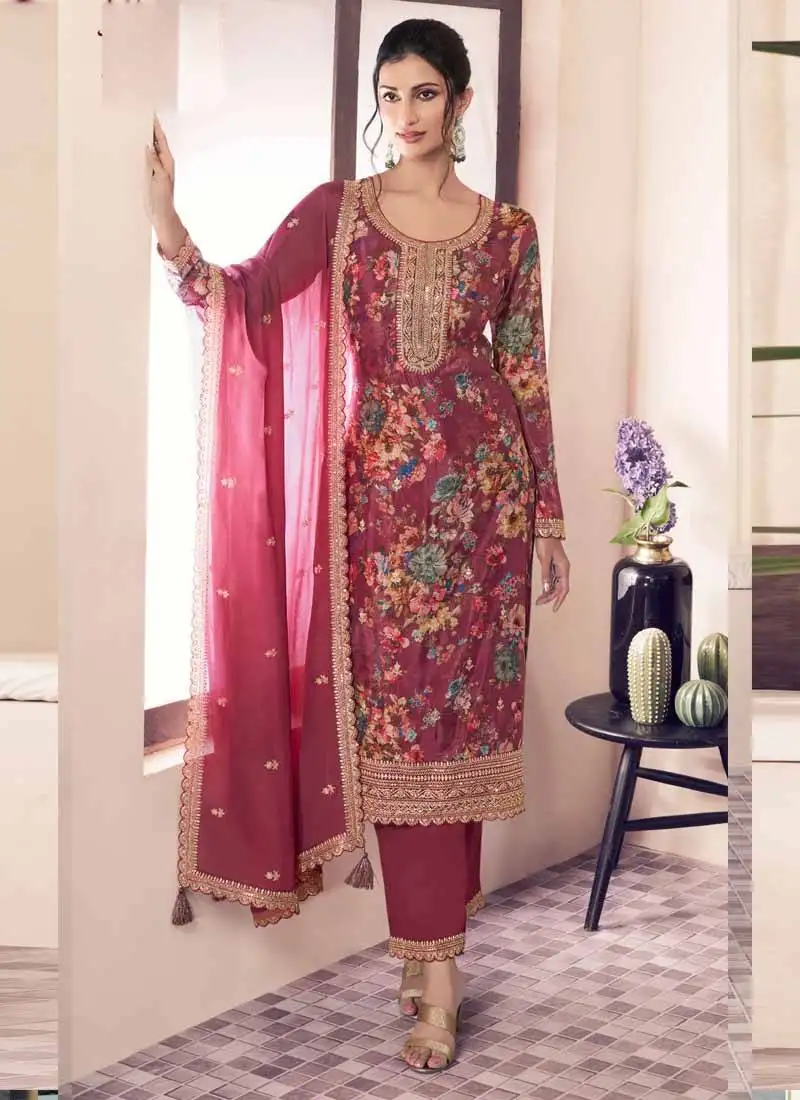 Red chinon silk digital print salwar suit semi stitched
