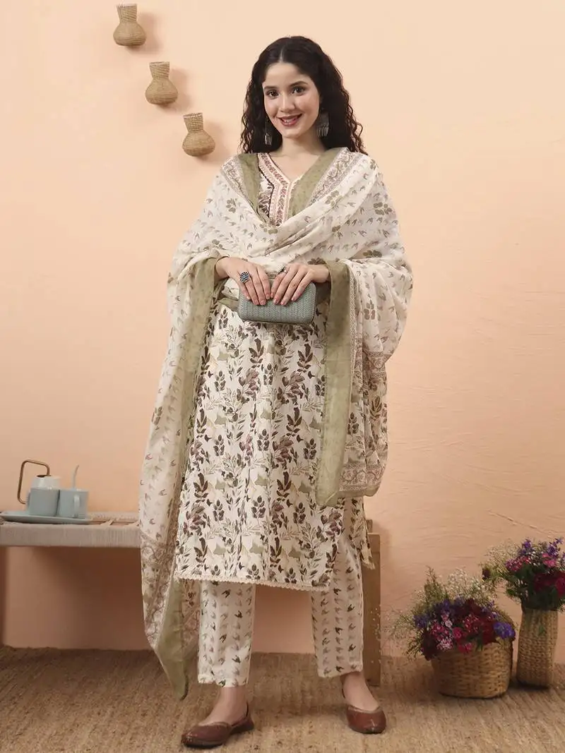 Green straight thared work kurta trouser dupatta set