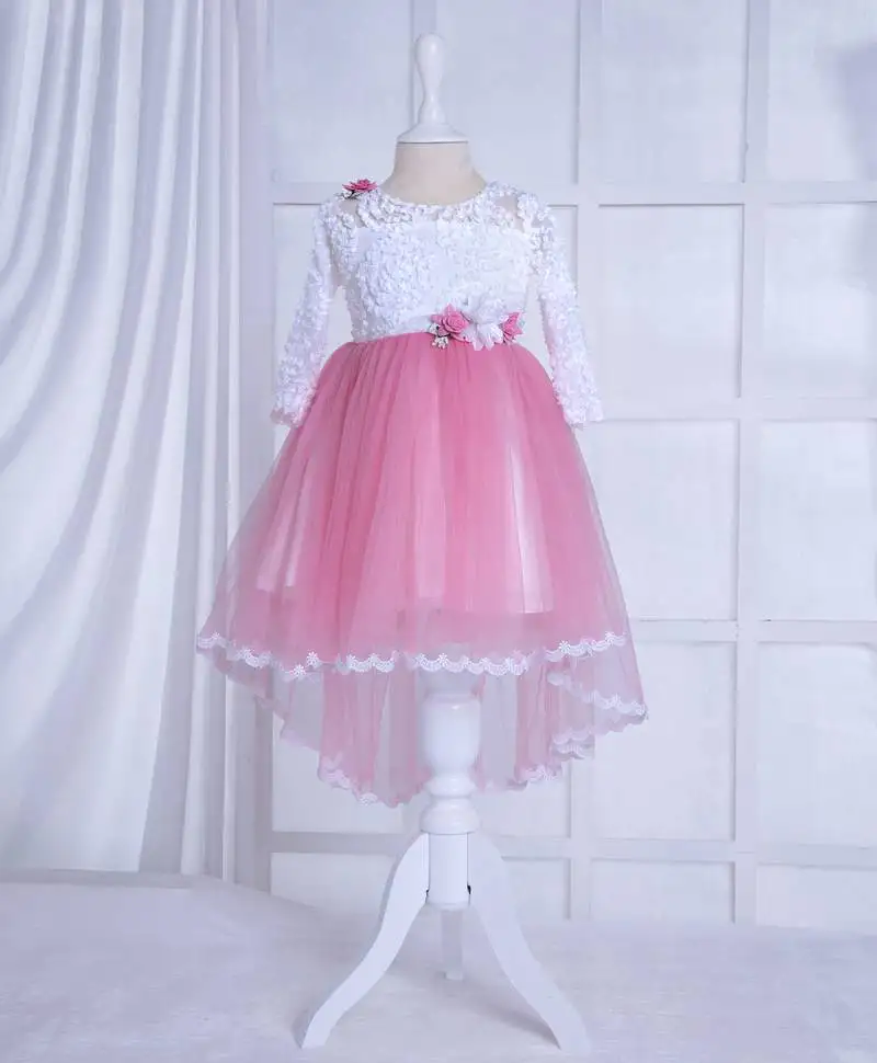 Baby pink solid net corsage applique bottom lace detailed frock