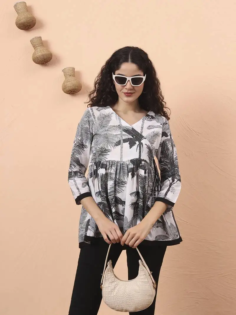 Black and white cotton gathered or pleated angrakha top