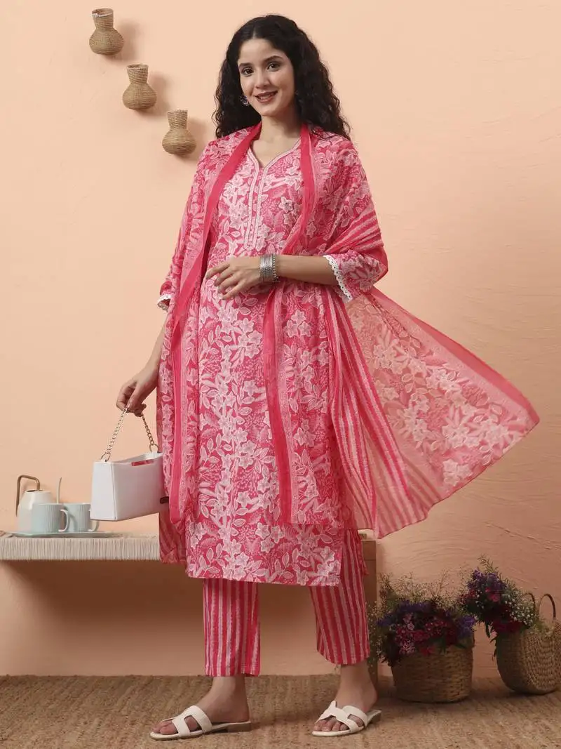 Pink ethnic motifs pure cotton straight kurta pant set