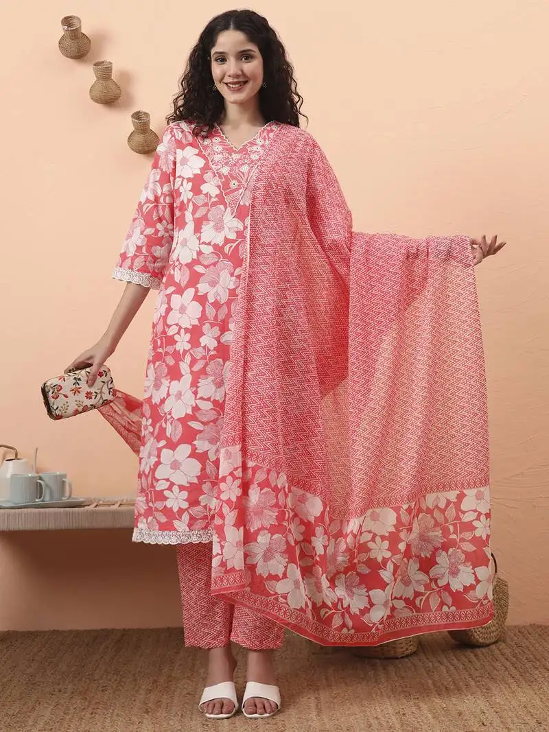 Pink pure cotton ethnic motifs straight kurta pant set