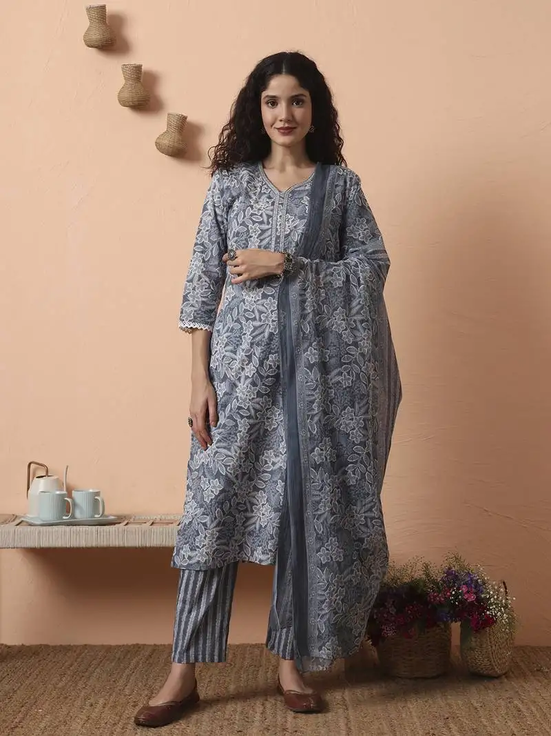 Grey ethnic motifs pure cotton straight kurta pant set