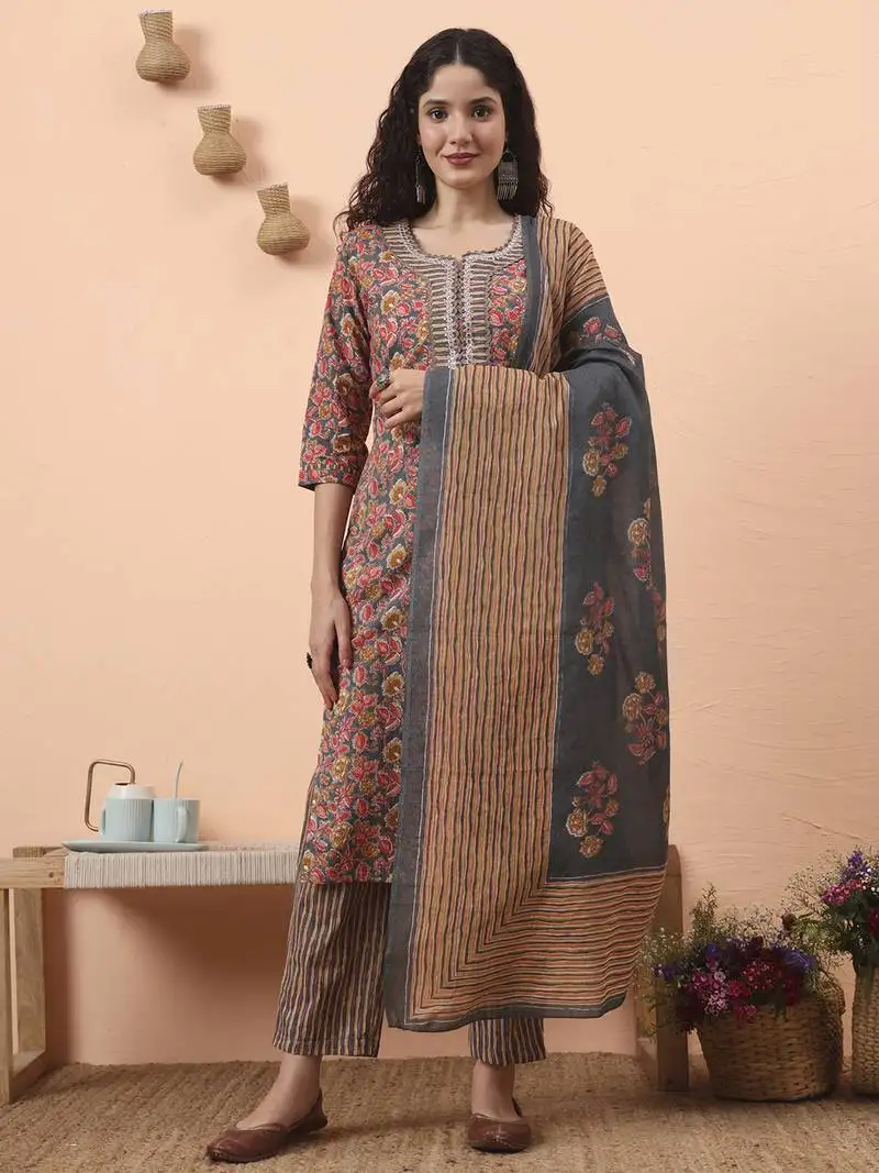 Grey pure cotton mirror work kurta dupatta pant set