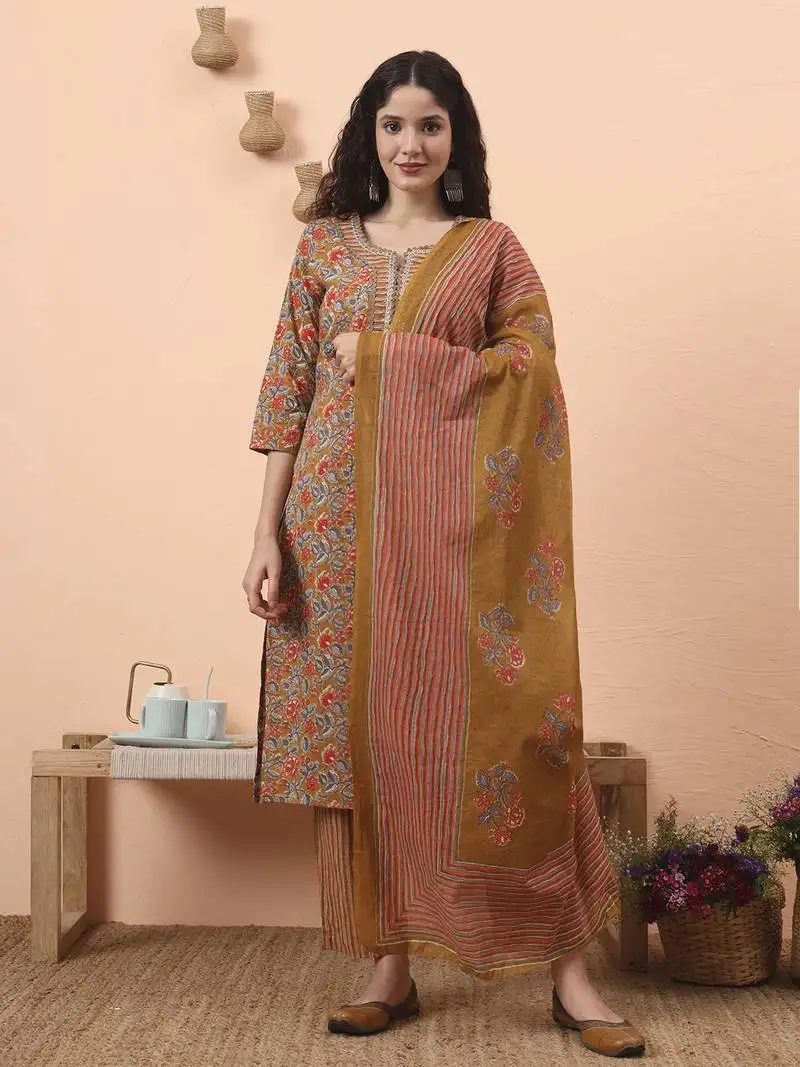 Mustard pure cotton mirror work kurta dupatta pant set