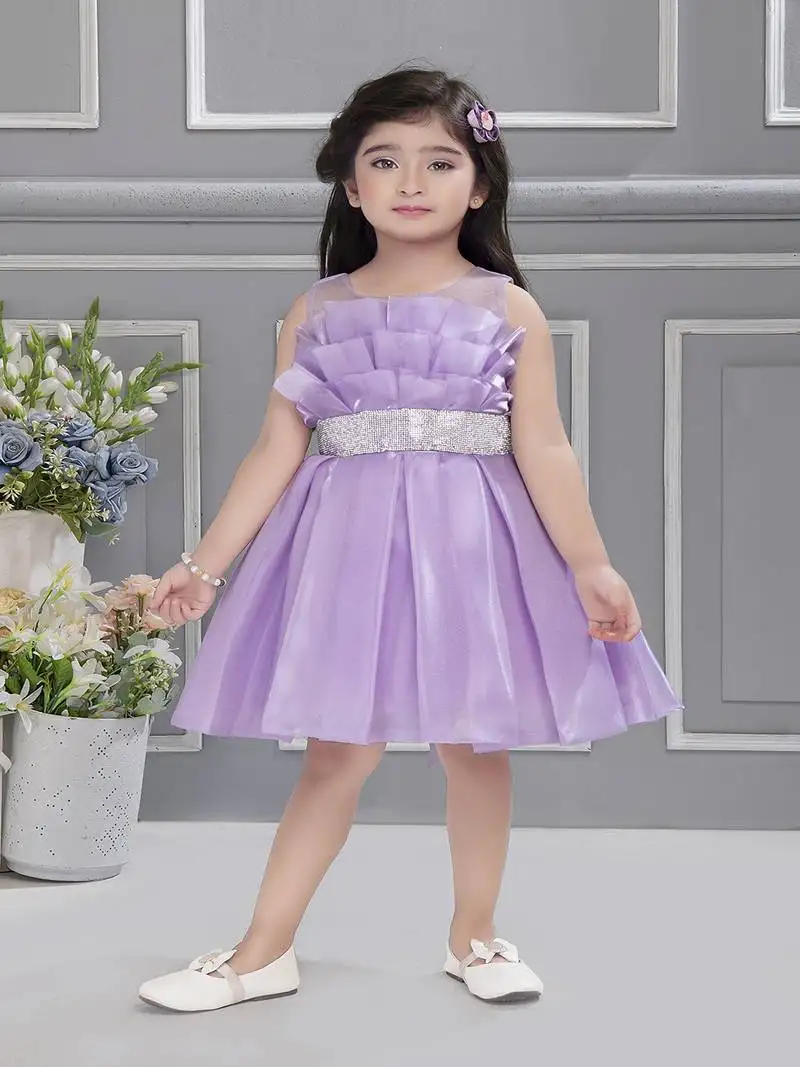 Lilac solid organza box pleated stone embellish frock- lilac
