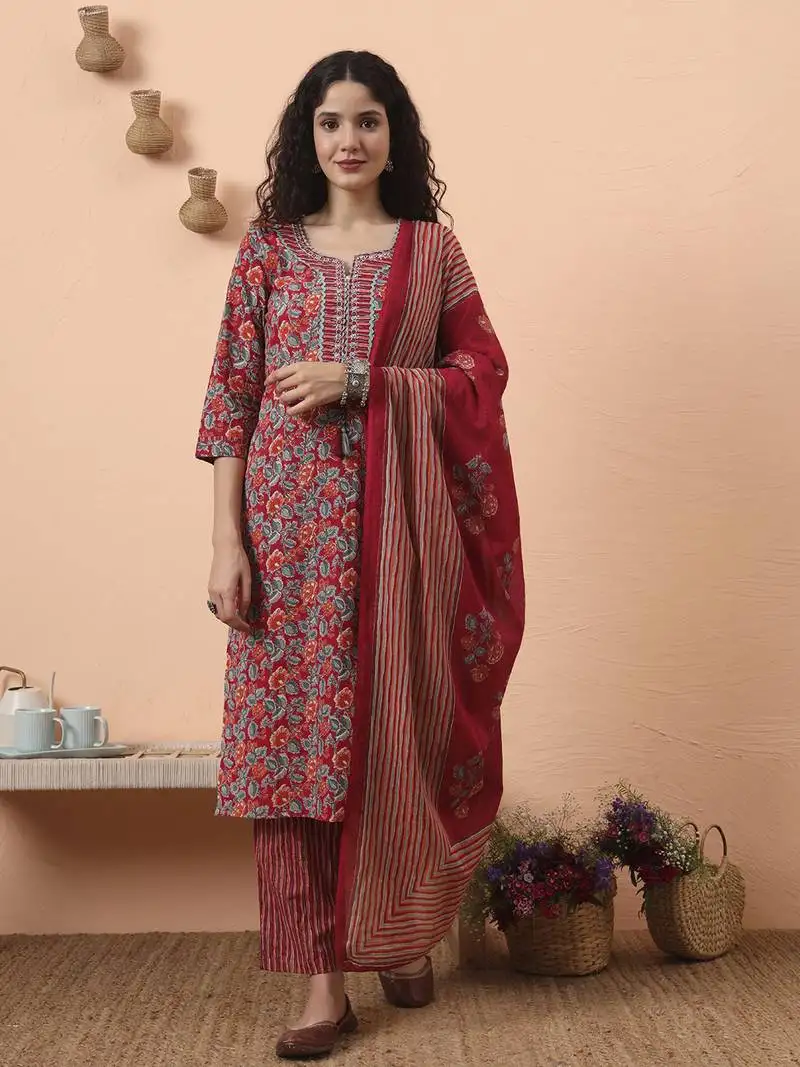 Red pure cotton mirror work kurta dupatta pant set