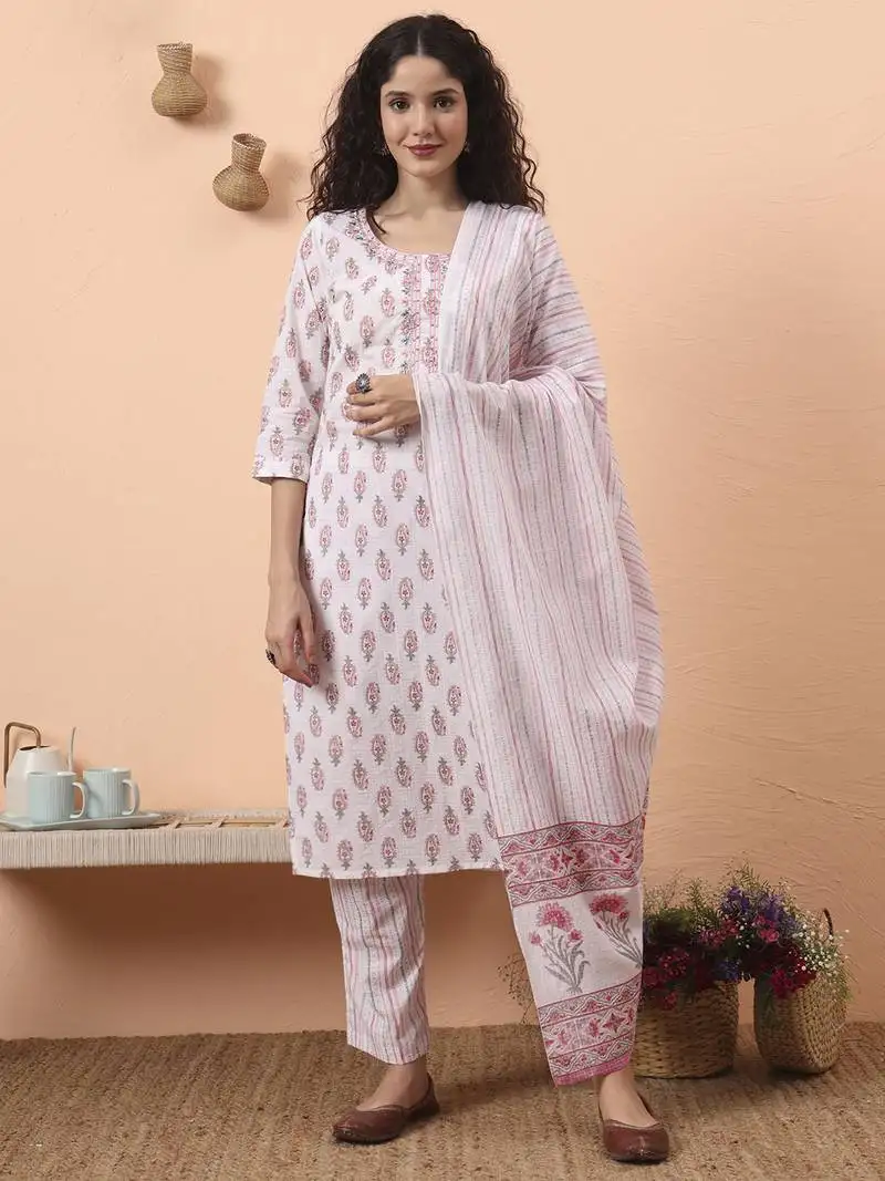 Pink and white pure cotton kurta dupatta pant set