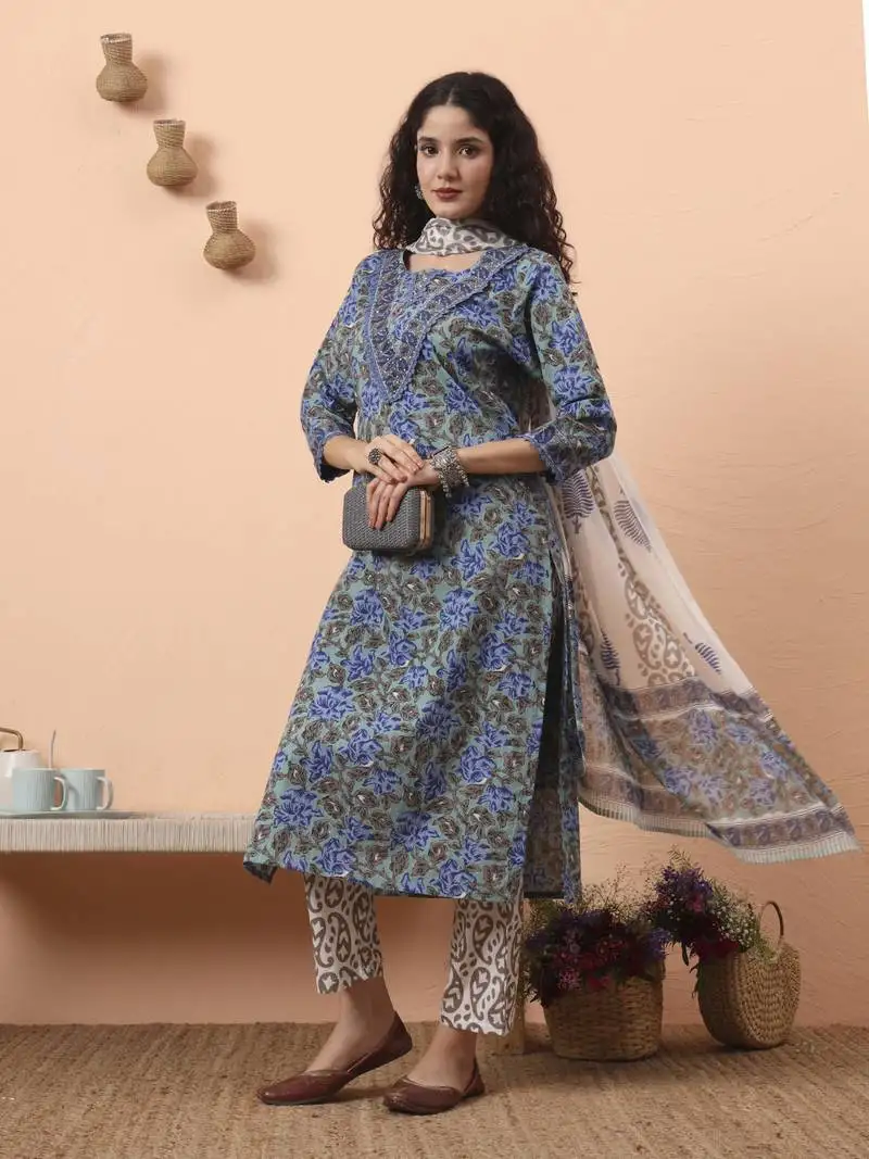 Rama green and blue floral sequins work straight kurta trouser dupatta set