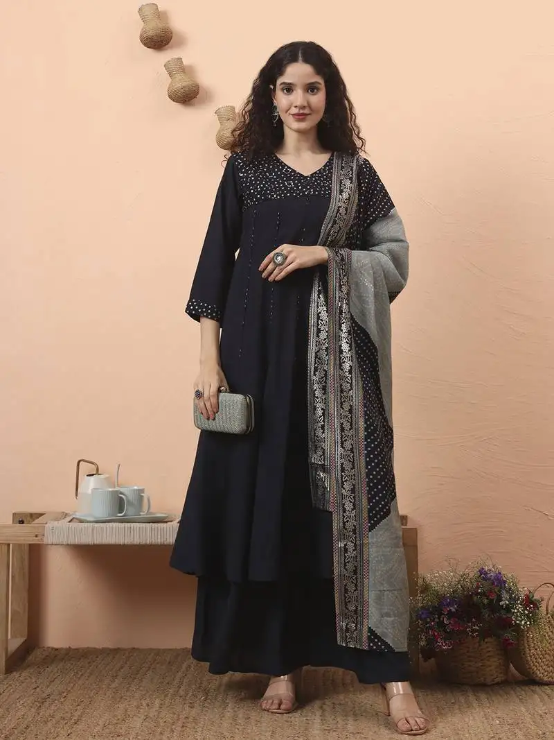 Navy blue silk blend piping design anarkali kurta dupatta palazzo set