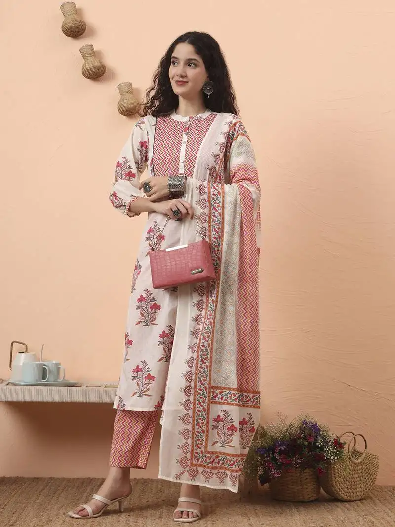 Cream pure cotton kantha work kurta dupatta pant set