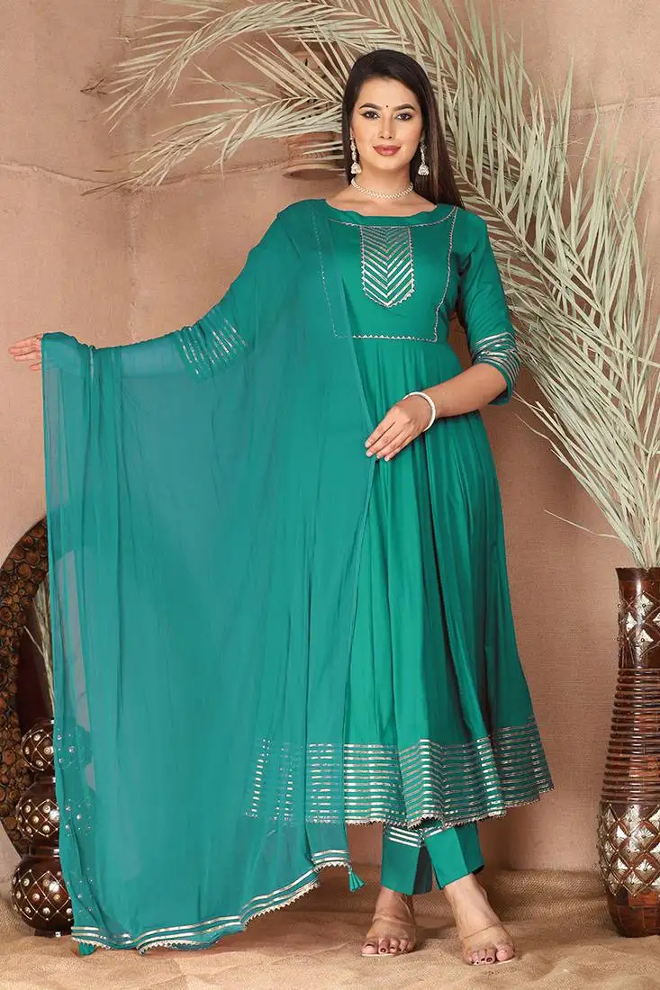 Sea green gotta patti rayon stitched anarkali pant suit set