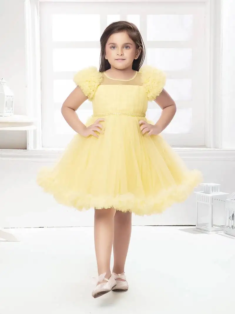 Yellow solid net pleated yoke stone embellish frock