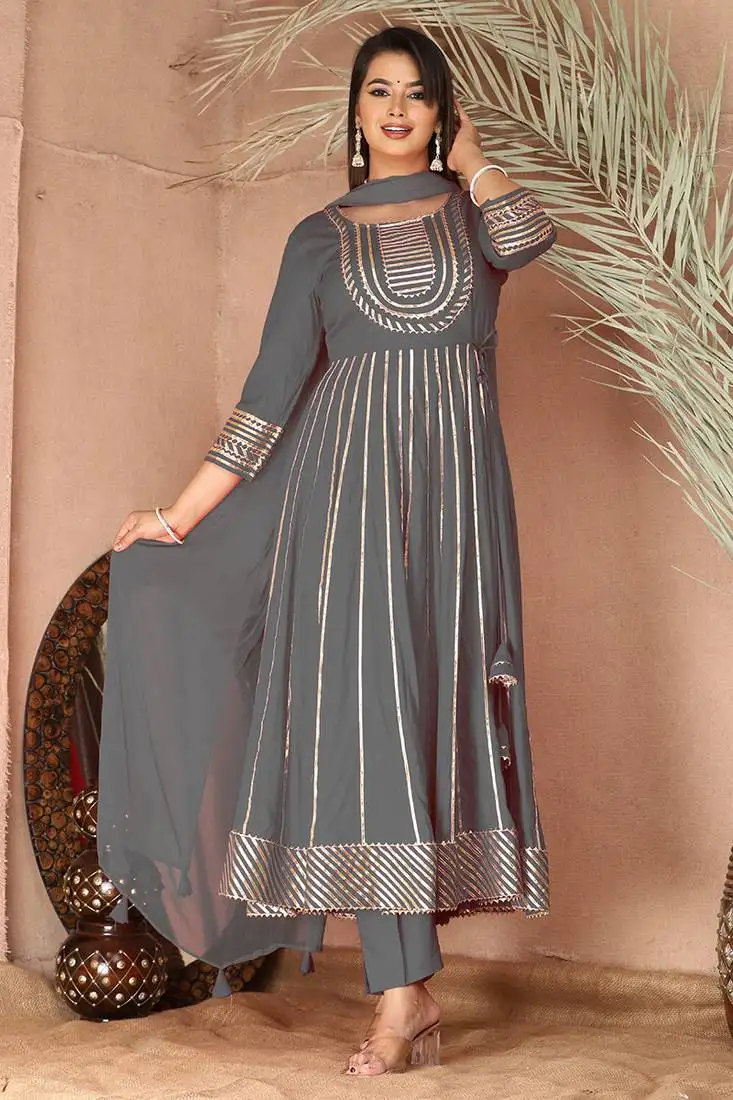 Grey gotta patti rayon stitched anarkali pant suit set