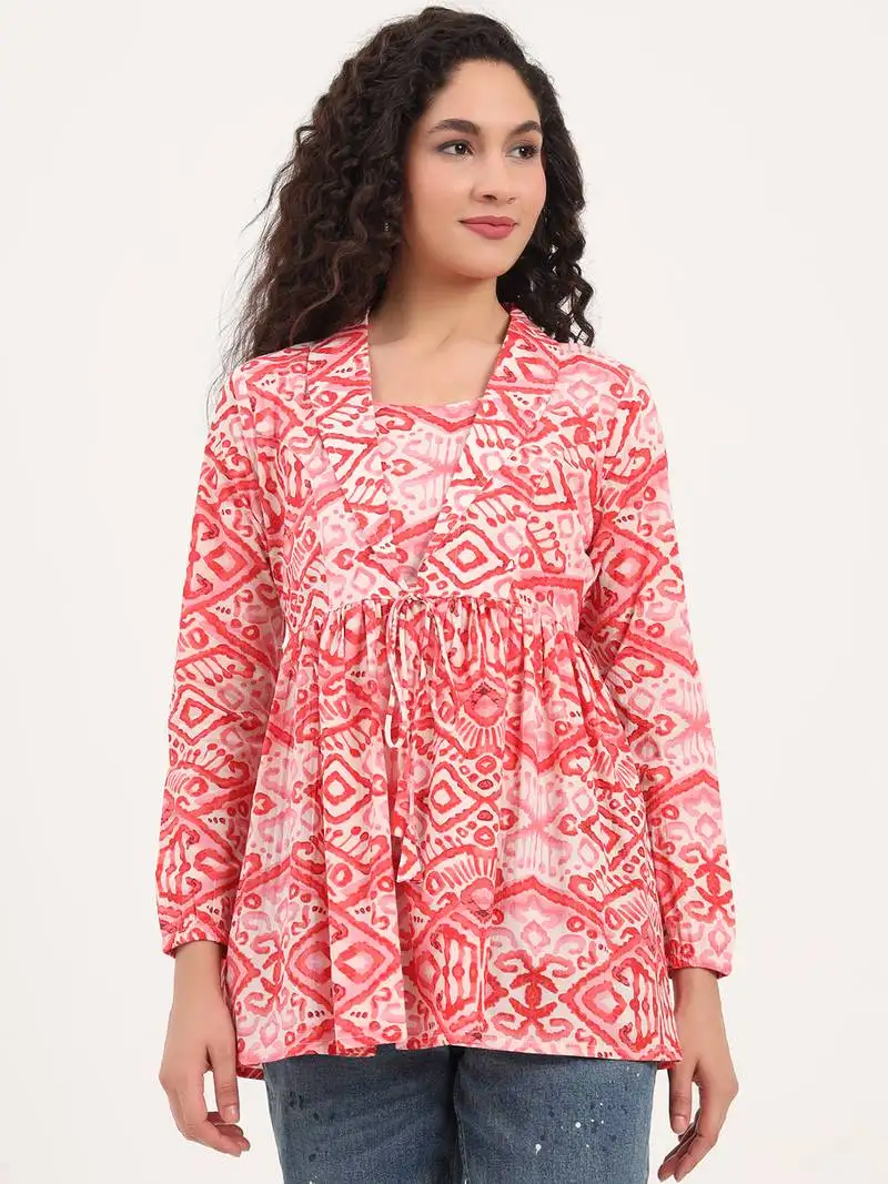 Divena red floral print cotton fabric lepal coller peplum top