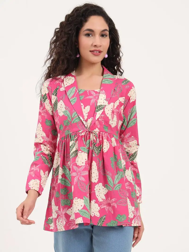 Divena pink floral print cotton fabric lepal coller peplum top