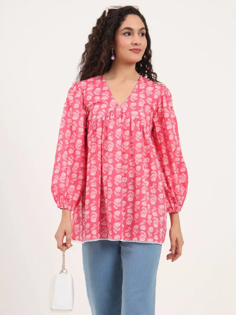 Divena pink floral print cotton fabric regular peplum top