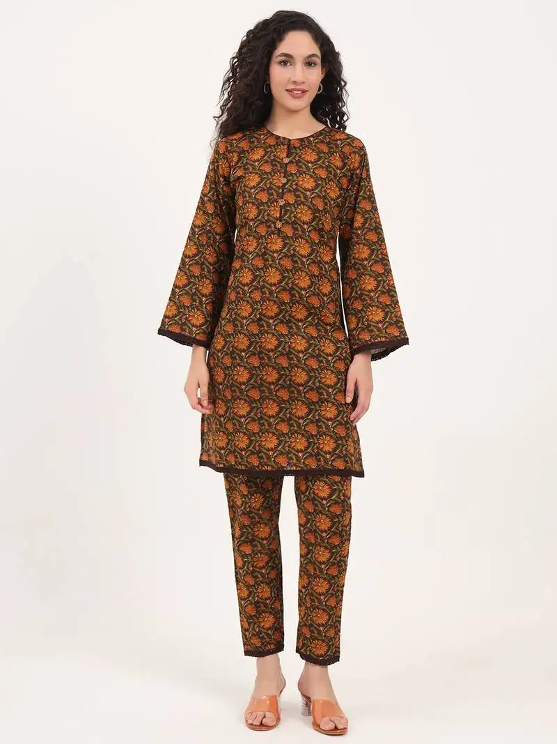 Divena brown floral print cotton fabric straight kurta with trouser