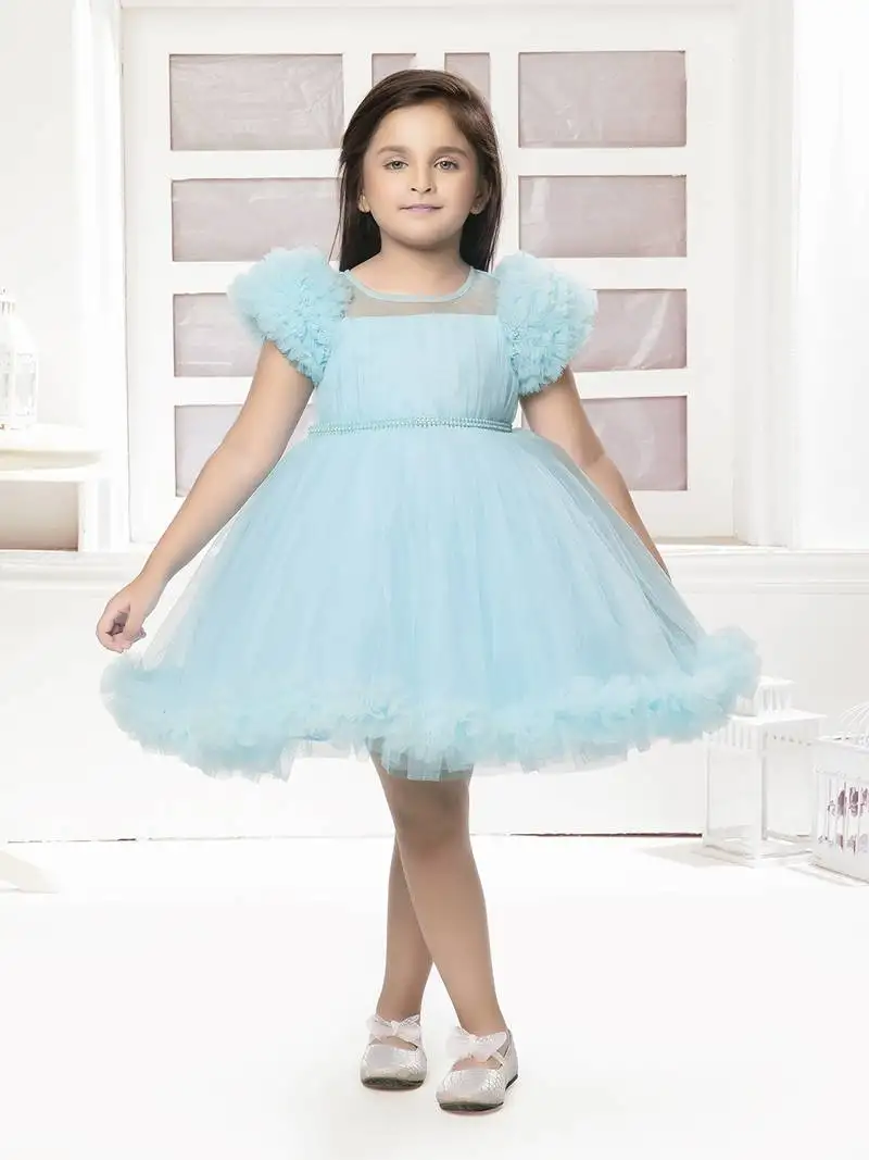 Blue solid net pleated yoke stone embellish frock