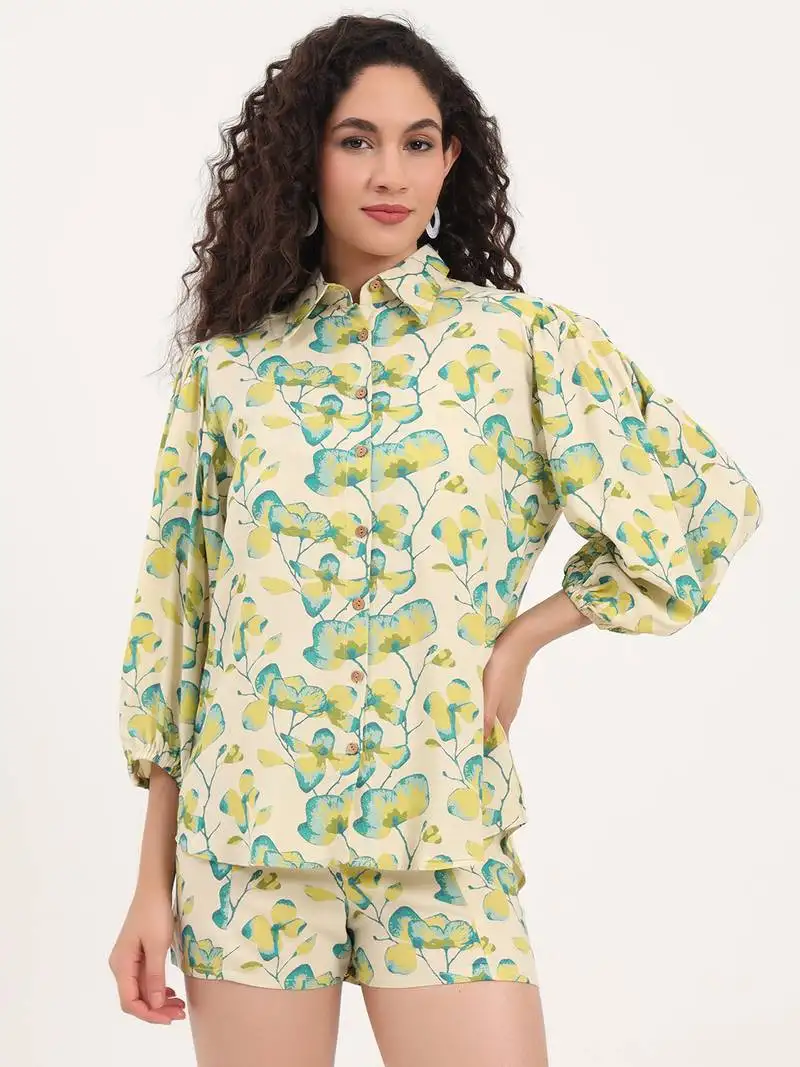 Divena green floral print rayon fabric shirts shorts with crop top three piece set