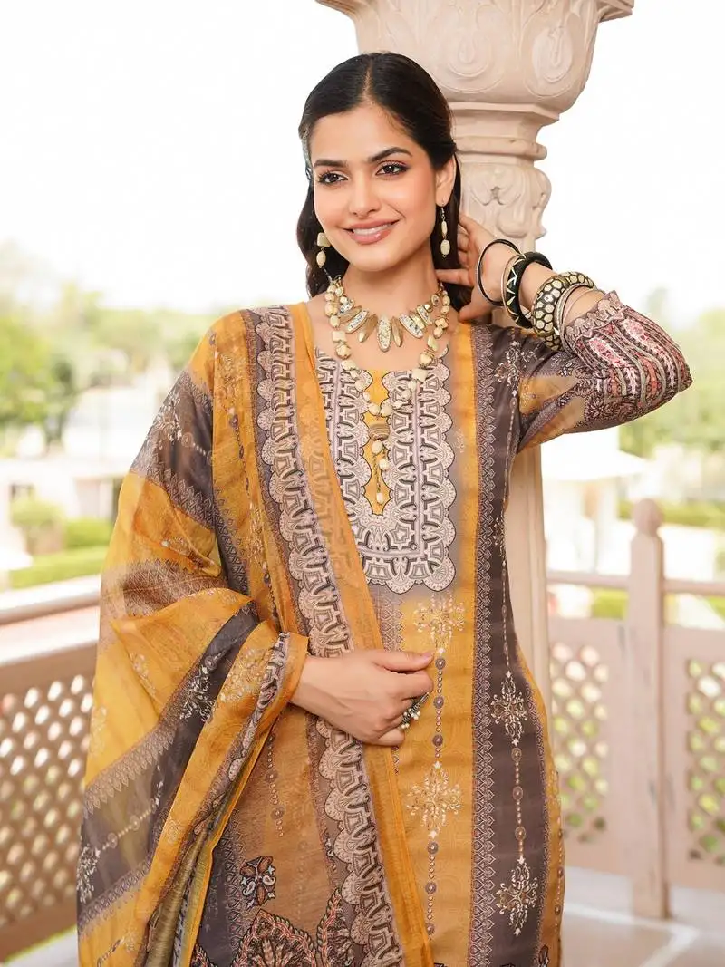 Women yellow rayon blend ethnic motifs printed straight kurta trouser with dupatta