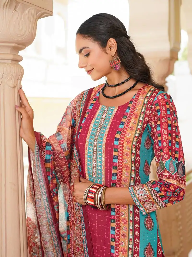 Women maroon rayon blend ethnic motifs printed straight kurta trouser with dupatta