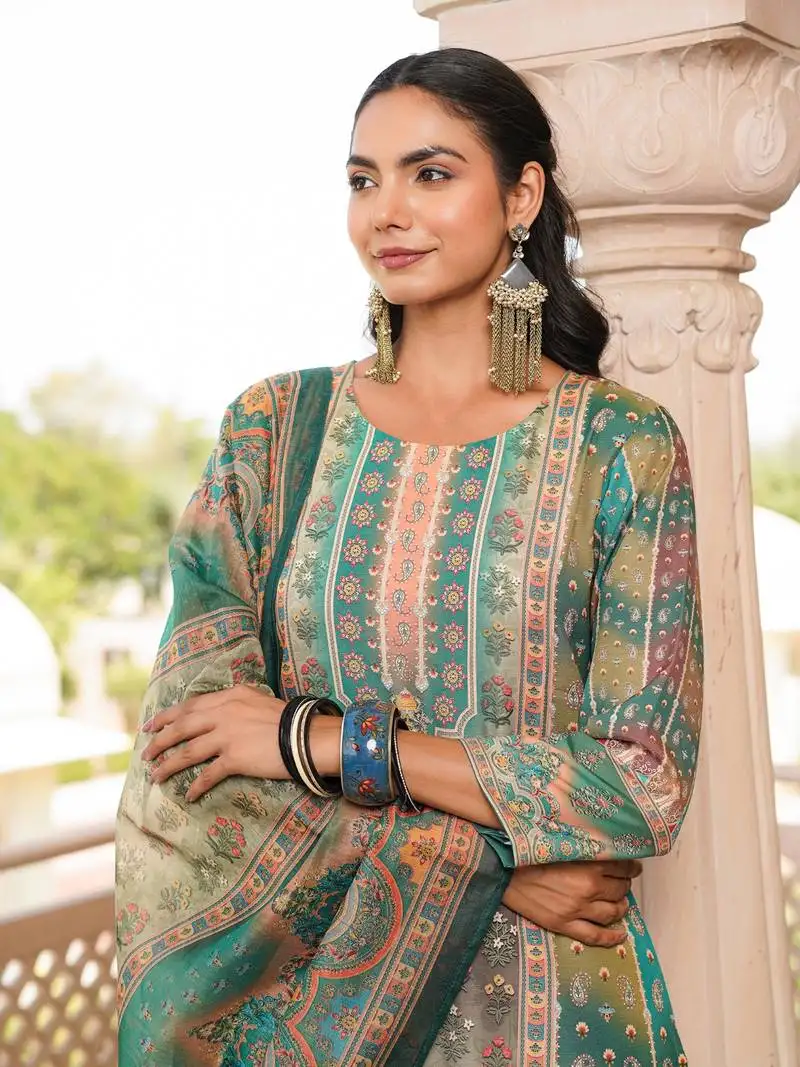 Women green rayon blend ethnic motifs printed straight kurta trouser with dupatta