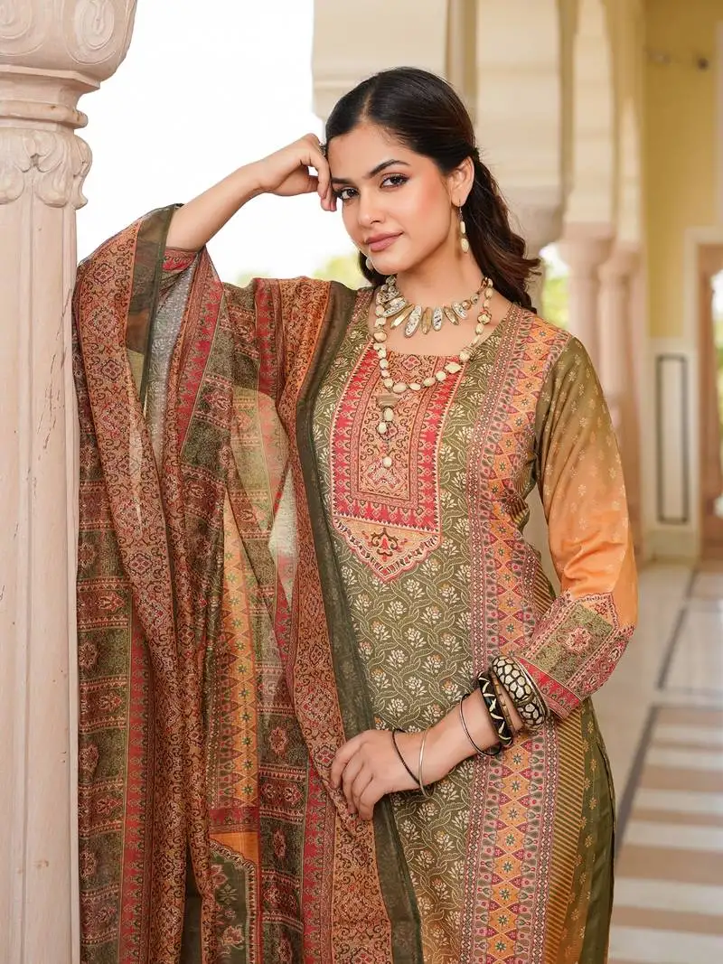 Women olive rayon blend ethnic motifs printed straight kurta trouser with dupatta