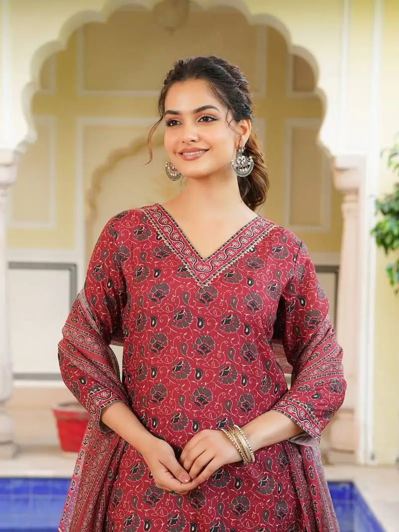 Women red rayon blend ethnic motifs printed straight kurta salwar with dupatta