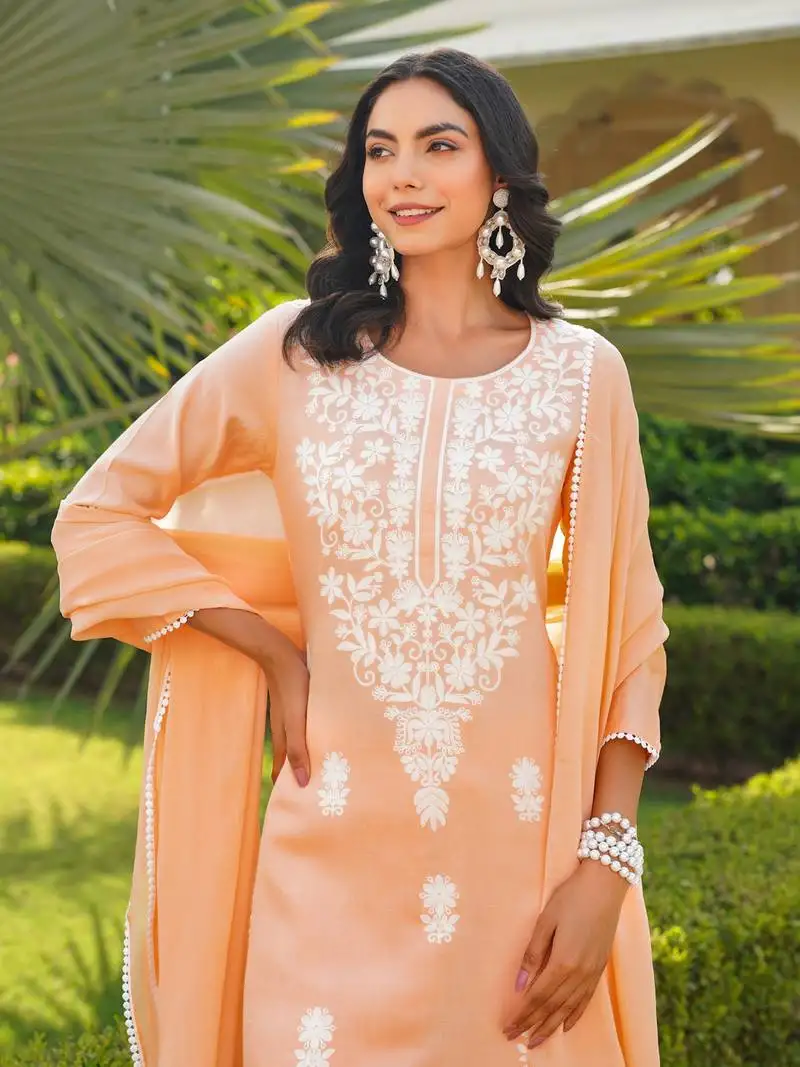 Women peach viscose solid embroidered straight kurta palazzo with dupatta