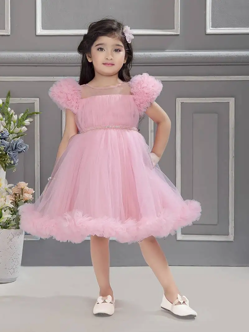 Baby pink solid net pleated yoke stone embellish frock