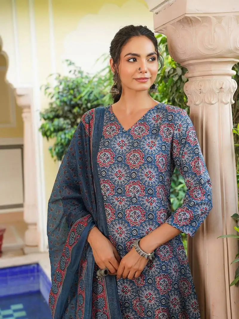 Women blue rayon blend ajrakh printed a-line kurta palazzo with dupatta