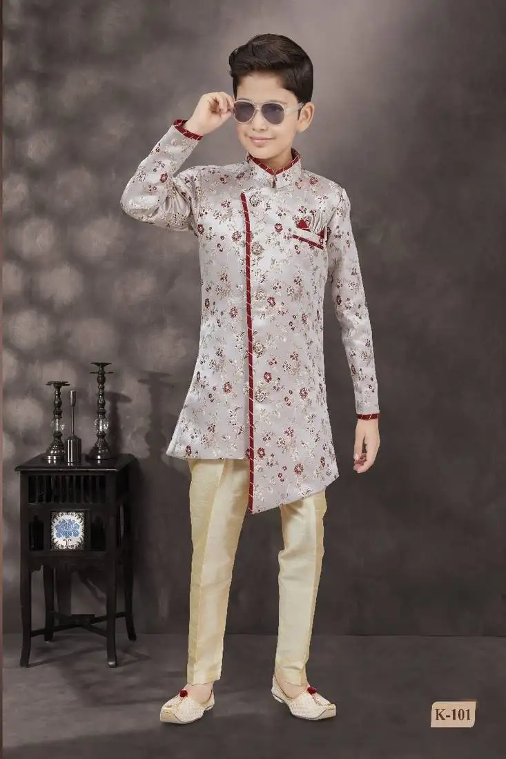Grey thread work soft jacquard sherwani