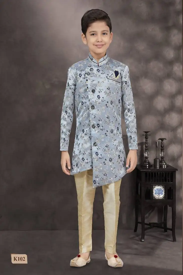 Blue thread work soft jacquard sherwani