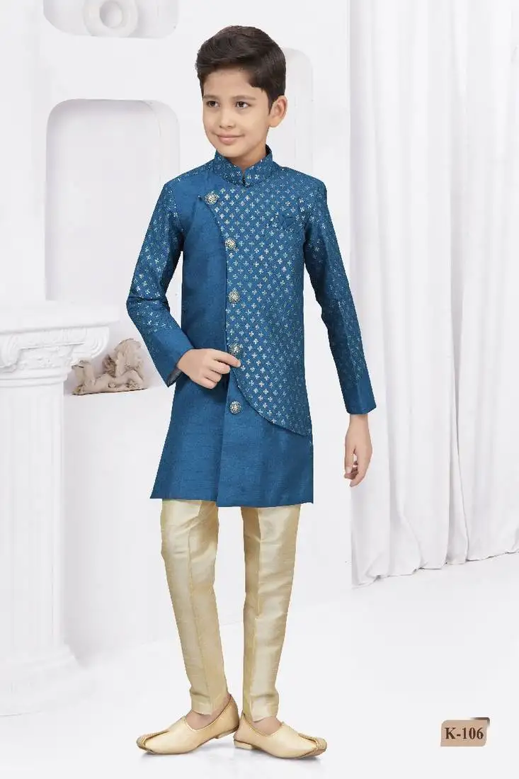 Blue printed silk indo western sherwani