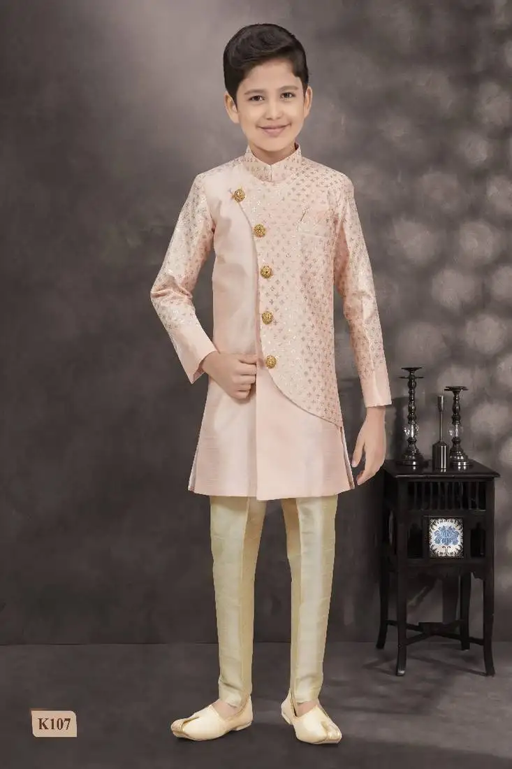 Peach printed silk indo western sherwani