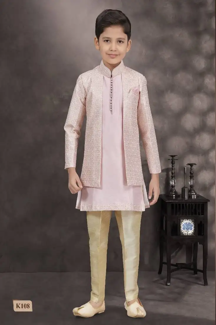 Pink embroidered & printed jacket style sherwani
