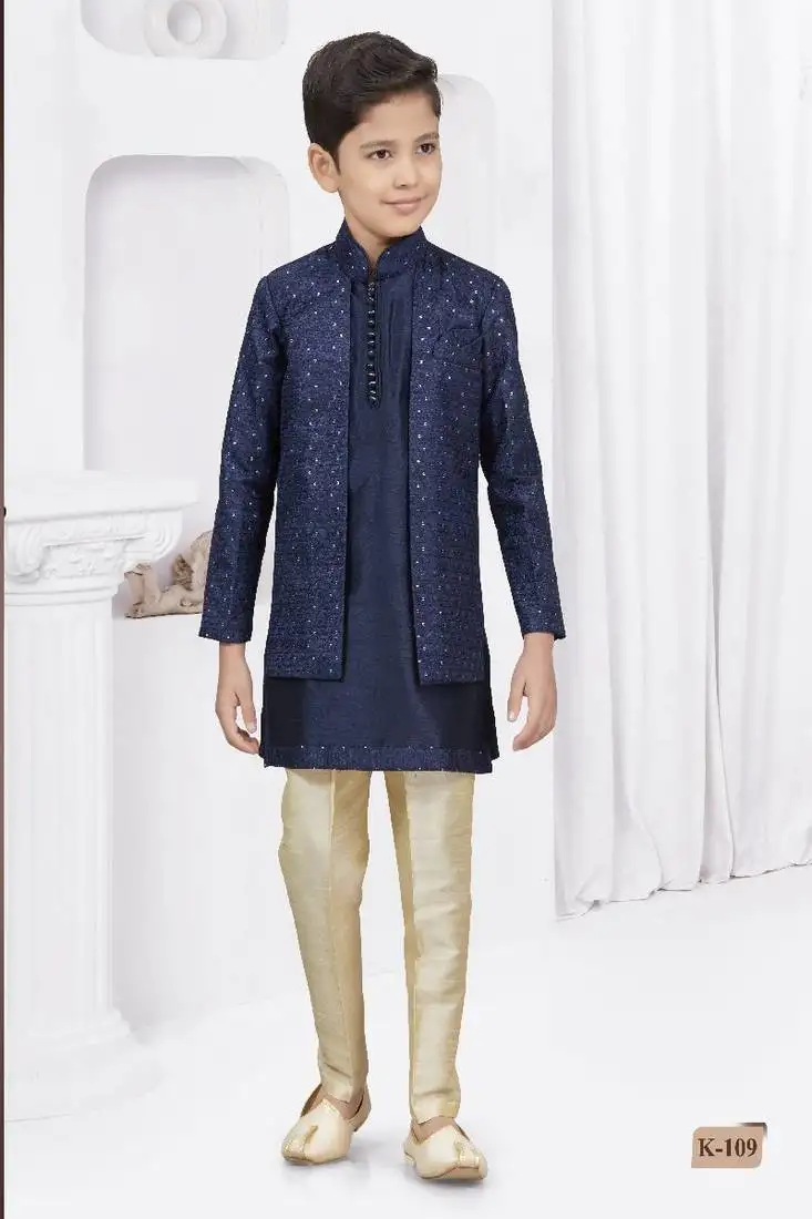 Navy blue embroidered & printed jacket style sherwani