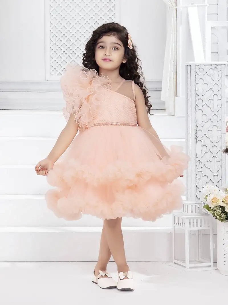 Peach solid net double layer frilled glitter embellish frock